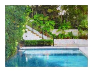 Ralph-J. Petschat Pool mit Treppe Acryl, Pigmente, Papier auf Leinwand 120 x 160 cm Unikat