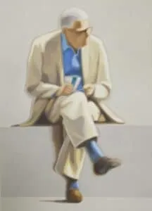 Sun Yun Park Peoplescape, My time Öl auf Leinwand 140 x 100 cm Unikat. Das Bild zeigt einen älteren Herrn, der auf einer Mauer sitzt und ein Buch in der Hand hält.