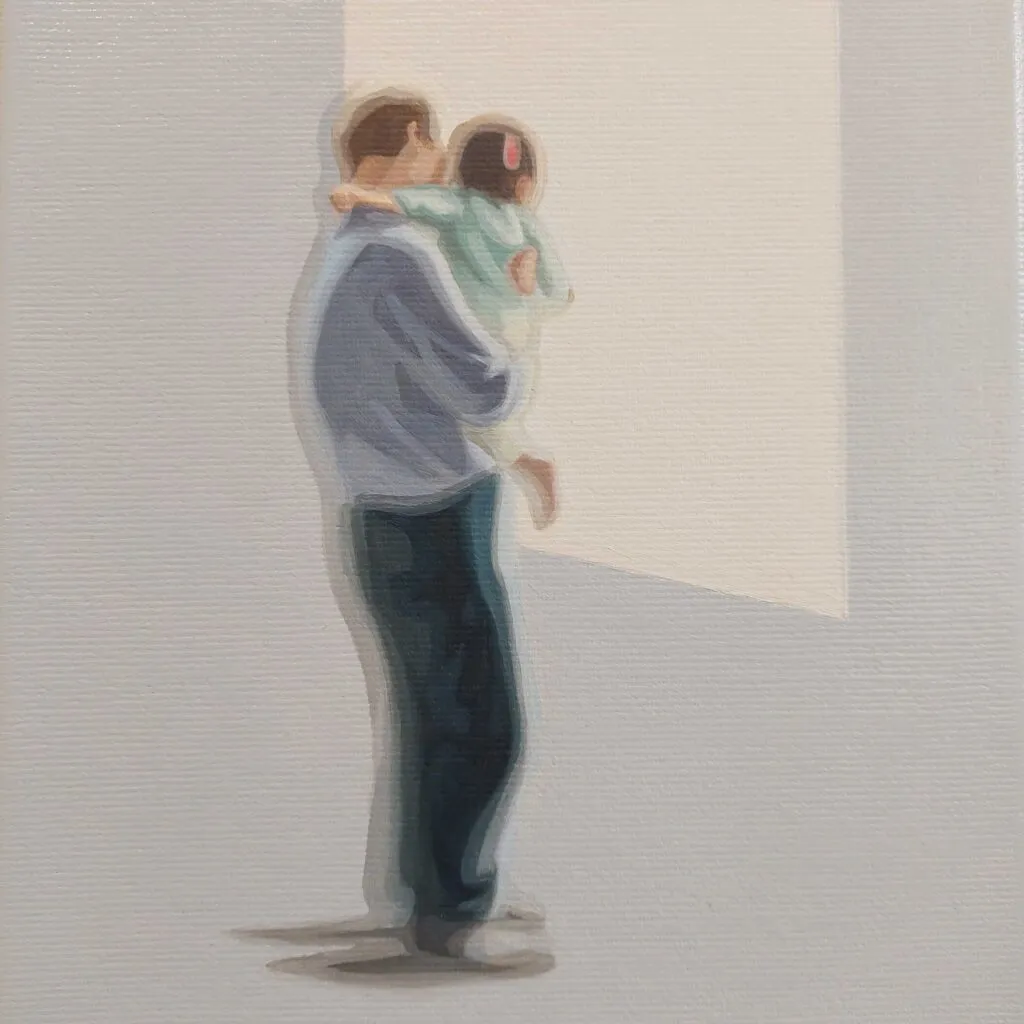 Sun Yun Park Peoplescape, Nr. 33 Öl auf Leinwand 24x18 cm Unikat. Sun Yun Park Peoplescape, Nr. 33 Öl auf Leinwand 140 x 100 cm Unikat. Ein Vater, der ein Kind auf seinem Arm trägt, steht am Fenster und schaut gemeinsam mit dem Kind hinaus.