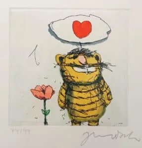 Janosch Tiger mit Herz Farbradierung Auflage 99 Exemplare mit Passepartout 35 x 35 cm