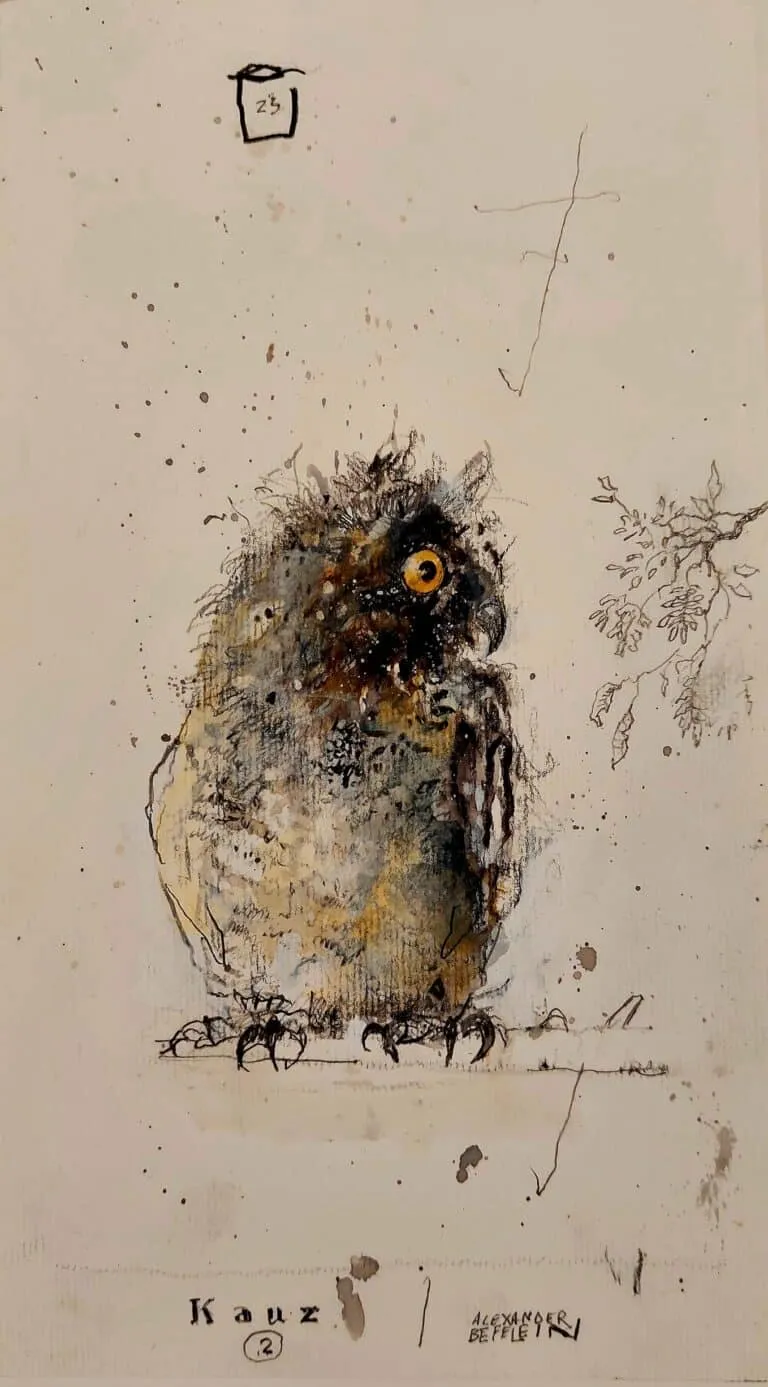 Alexander Befelein Kauz 2 Mischtechnik auf Papier ca. 19 x 10 cm Unikat
