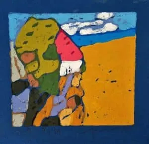 Klaus Fußmann Haus vor Weizenfeld Linoldruck