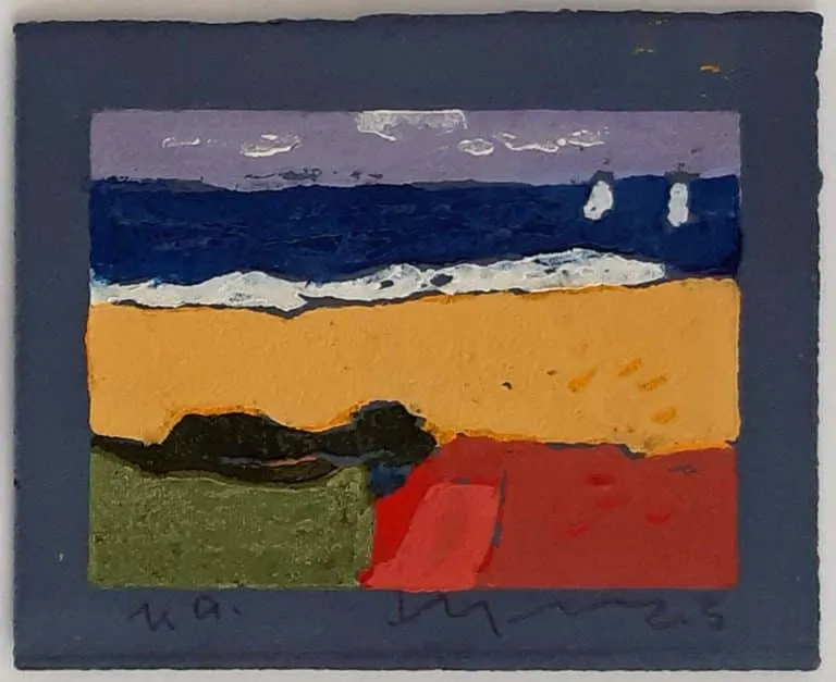 Klaus Fußmann Segler und Weizenfeld vor Ostsee Linoldruck 12 x 15 cm Auflage e.a.