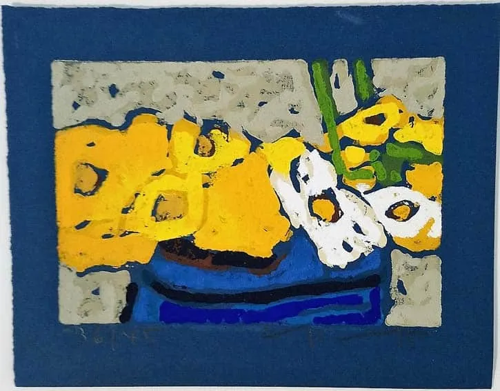 Klaus Fußmann Rudbeckia und Margeriten Linoldruck