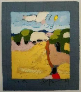 Klaus Fussmann Landschaft mit Weizenfeld Linoldruck