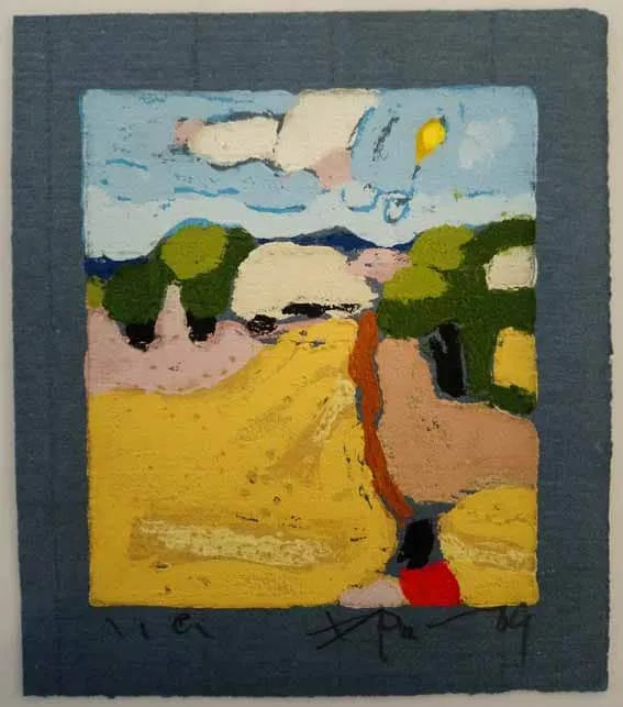 Klaus Fussmann Landschaft mit Weizenfeld Linoldruck