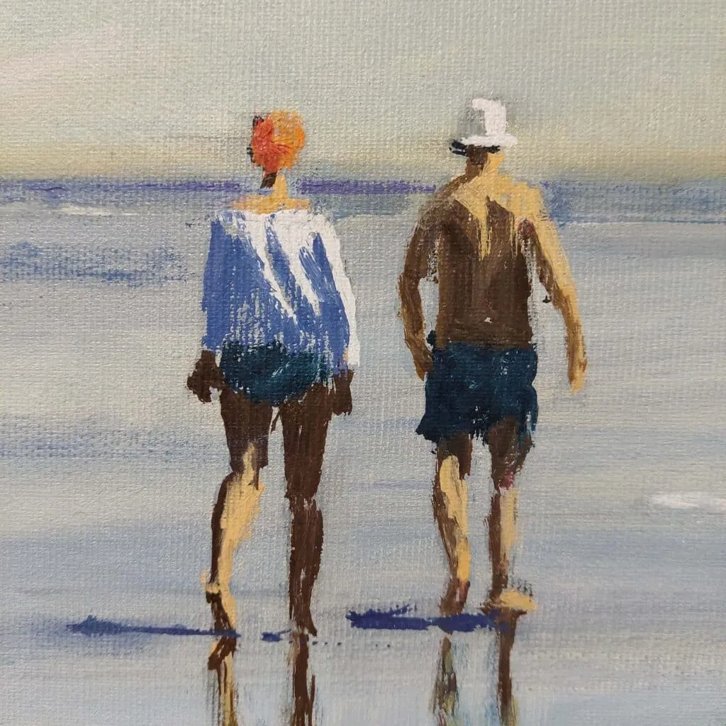 Werner Heinze Strand Öl auf Leinwand. Ein Paar geht an einem Strand in Norddeutschland spazieren. Detailaufnahme des Paars.