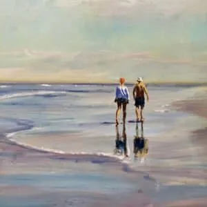 Werner Heinze Strand Öl auf Leinwand. Ein Paar geht an einem Strand in Norddeutschland spazieren.