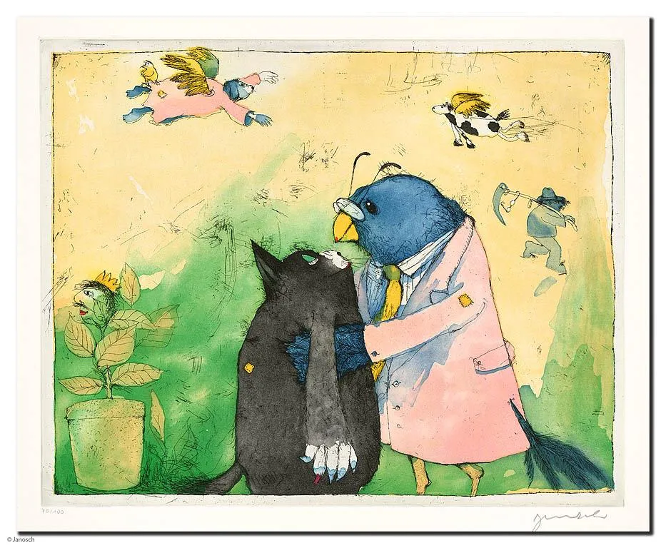 Janosch Kater Miekesch Farbradierung Auflage 100 Ex. mit Passepartout 60 x 70 cm