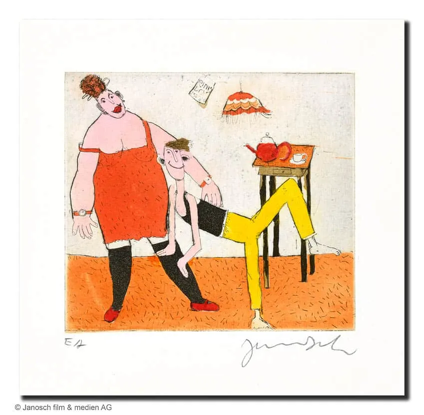 Janosch Paar 2003 Farbradierung Auflage 95 Ex. mit Passepartout 35 x 35 cm
