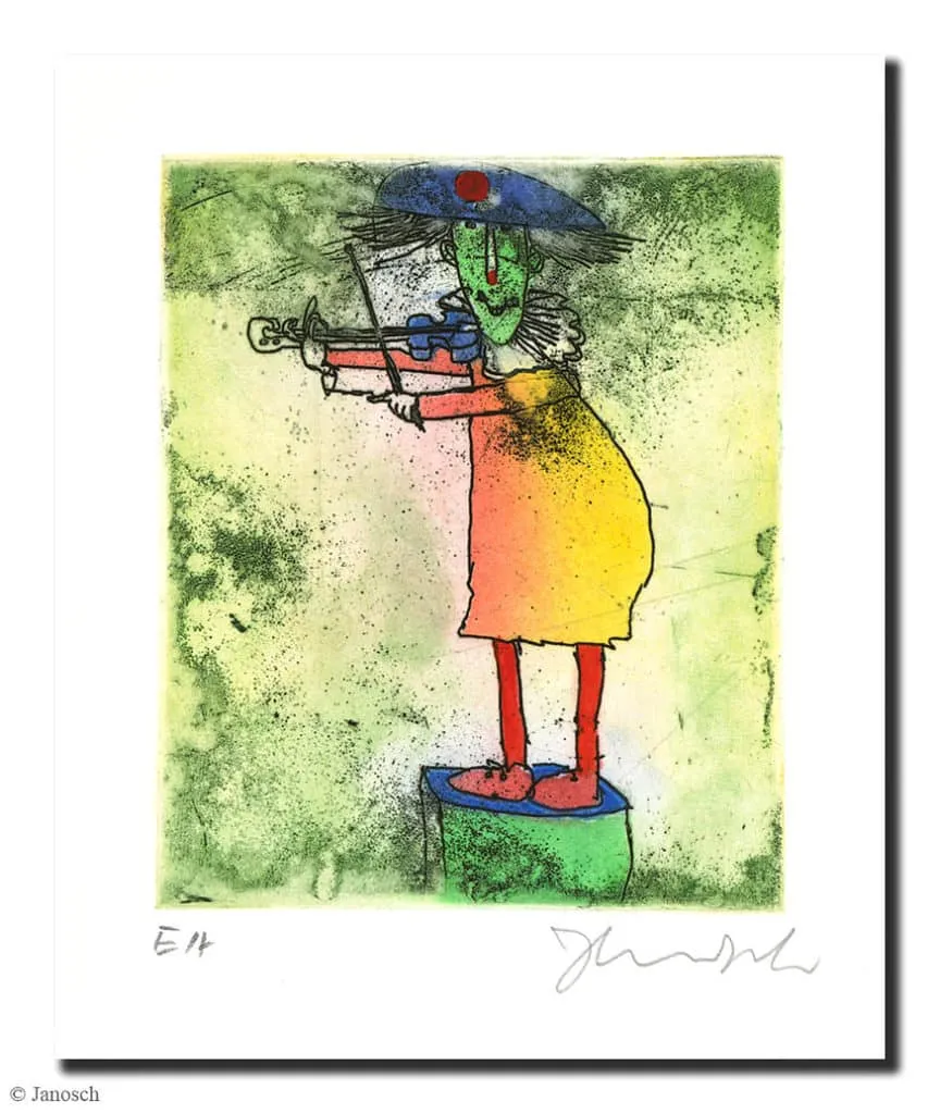 Janosch Napoleonischer Geigenmann Farbradierung Auflage e.a. mit Passepartout 40 x 30 cm