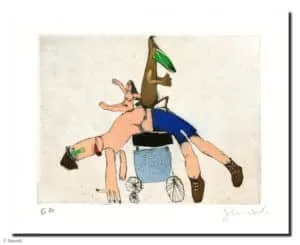 Janosch Radfahrers Alptraum Farbradierung Auflage 95 Ex. Blattmaß 36 x 38,5 cm