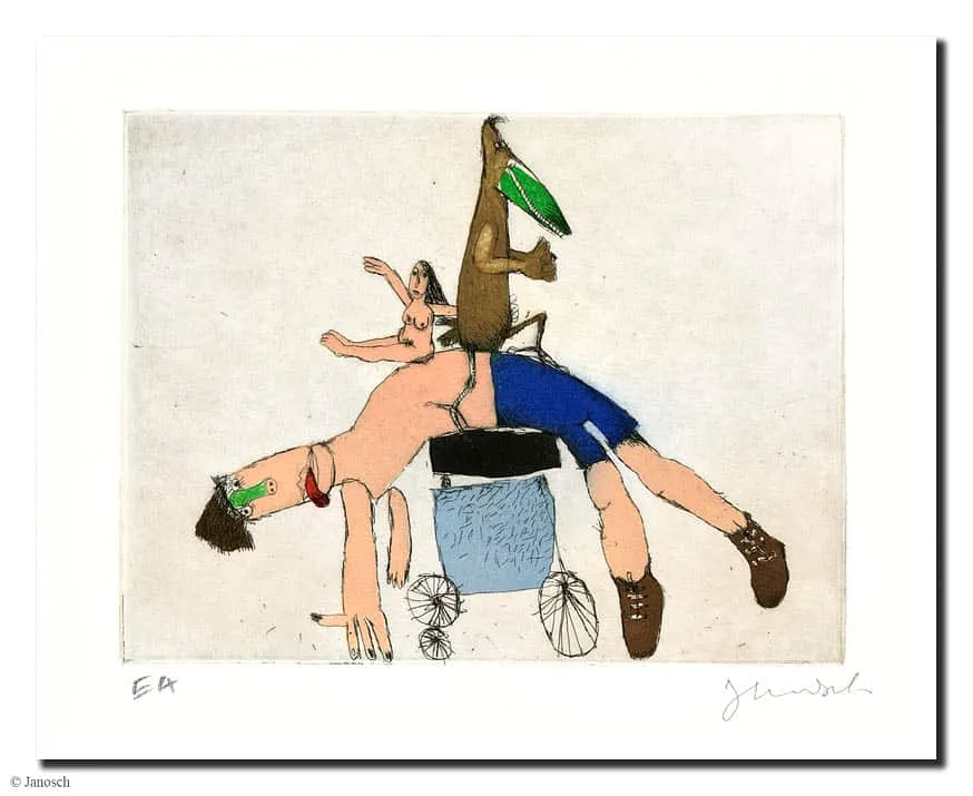 Janosch Radfahrers Alptraum Farbradierung Auflage 95 Ex. Blattmaß 36 x 38,5 cm