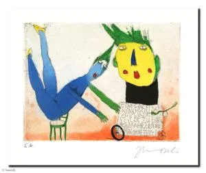 Janosch Eine faktisch sinnlose Liebe Farbradierung Auflage 95 Ex. mit Passepartout 40 x 50 cm