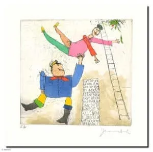 Janosch Franz und Helenchen Farbradierung Auflage e.a. mit Passepartout 45 x 45 cm