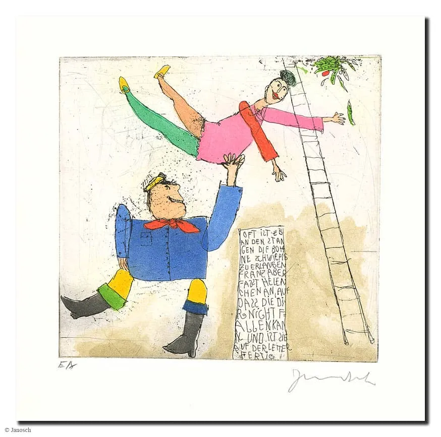 Janosch Franz und Helenchen Farbradierung Auflage e.a. mit Passepartout 45 x 45 cm