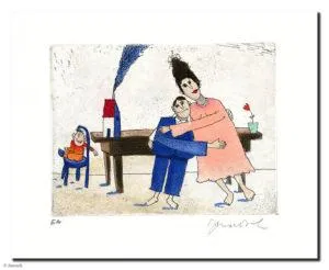Janosch Familie Sisch ist fein raus, sie haben ein Kind und ein Haus Farbradierung Auflage 95 Ex. mit Passepartout 40 x 50 cm