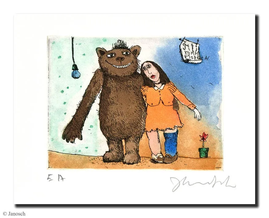 Janosch Der Strumpf Farbradierung Auflage 95 Ex. mit Passepartout 35 x 35 cm