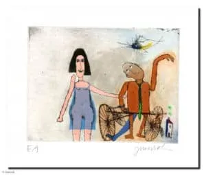 Janosch Ich und mein Mann Manni Manngold Farbradierung Auflage 95 Ex. mit Passepartout 45 x 45 cm