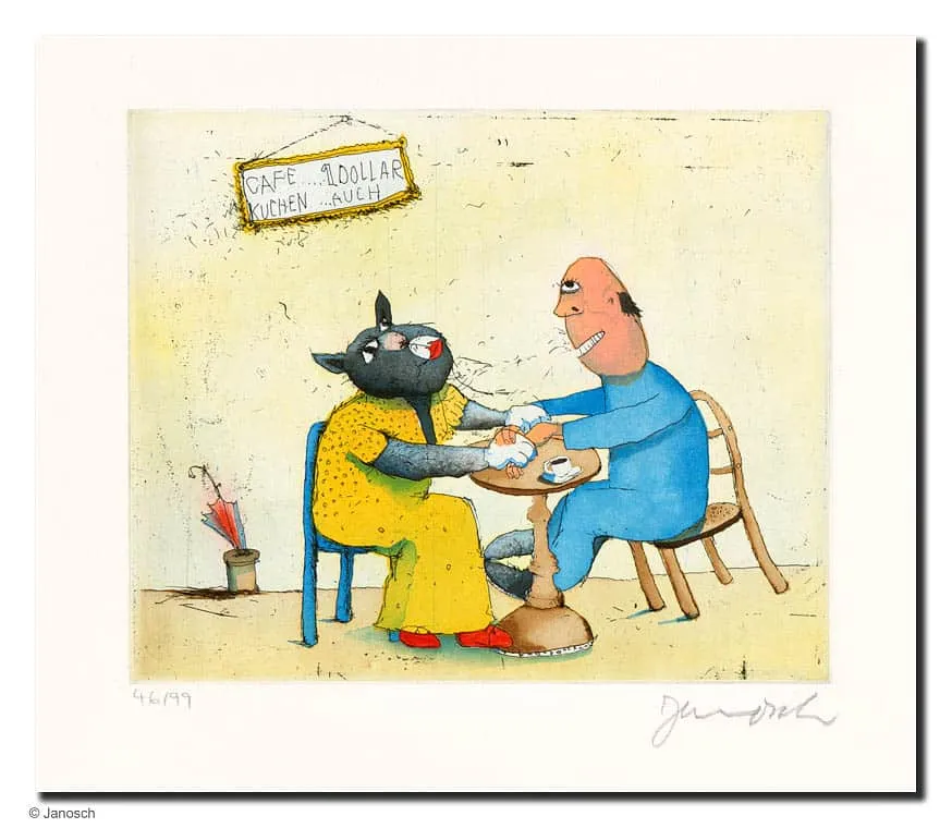 Janosch Frau Cafekatze Farbradierung Auflage 99 Ex. Blattmaß 29,5 x 40 cm