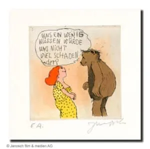 Janosch Uns ein wenig küssen... Farbradierung Auflage e.a. mit Passepartout 40 x 30 cm