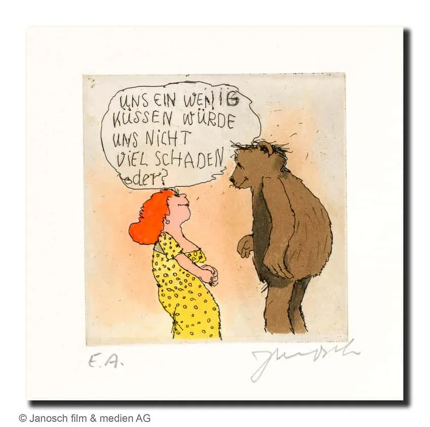 Janosch Uns ein wenig küssen... Farbradierung Auflage e.a. mit Passepartout 40 x 30 cm