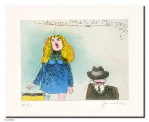 Janosch Wir haben endlich in aller Stille geheiratet Farbradierung Auflage 95 Ex. mit Passepartout 40 x 50 cm