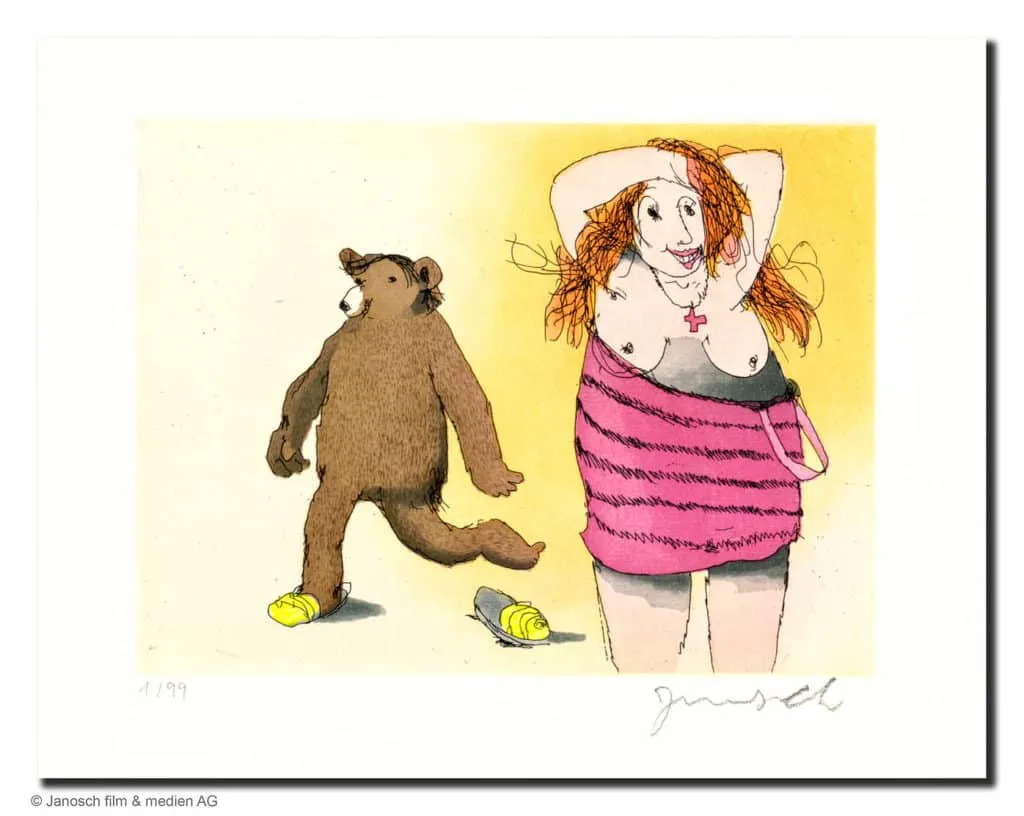 Janosch Frau mit Bär Farbradierung Auflage 99 Ex. mit Passepartout 40 x 50 cm