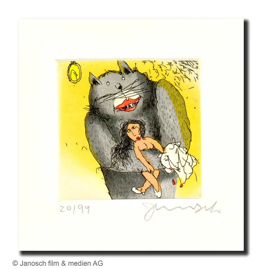 Janosch Ich liebe Marie Farbradierung Auflage 99 Ex. mit Passepartout 35 x 35 cm