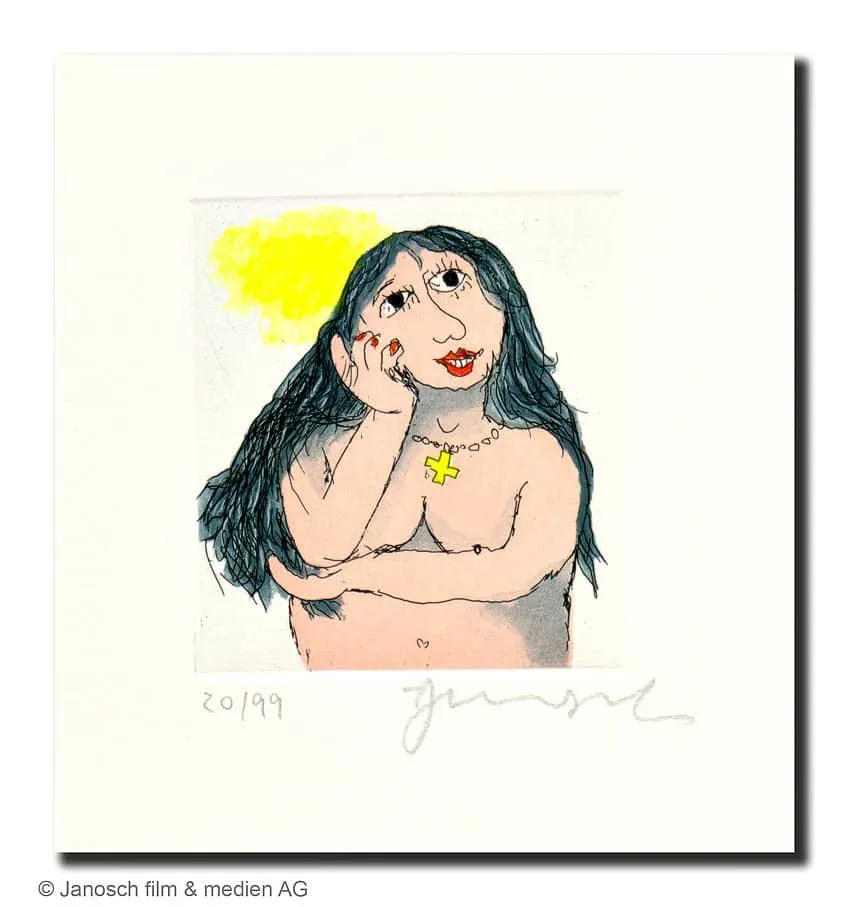 Janosch Susanne liebt den Nachbarn sehr Farbradierung Auflage 99 Ex. mit Passepartout 35 x 35 cm