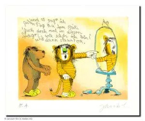 Janosch Guck doch mal in diesen Spiegel ... Farbradierung Auflage 199 Ex. mit Passepartout 40 x 50 cm