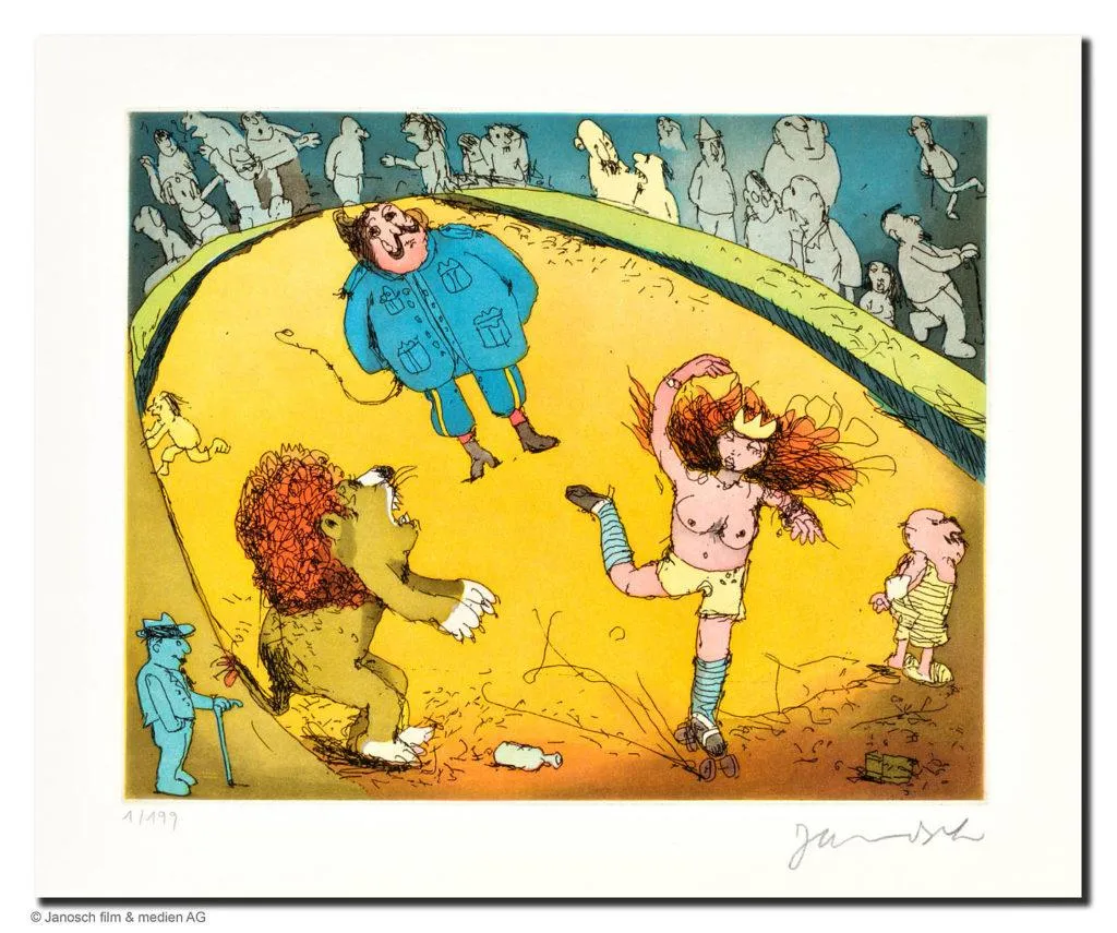 Janosch Der Löwe brüllt, es tanzt Marie, das Publikum ... Farbradierung Auflage 199 Ex. mit Passepartout 40 x 50 cm