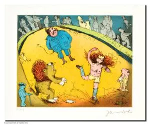 Janosch Der Löwe brüllt, es tanzt Marie, das Publikum ... Farbradierung Auflage 199 Ex. mit Passepartout 40 x 50 cm