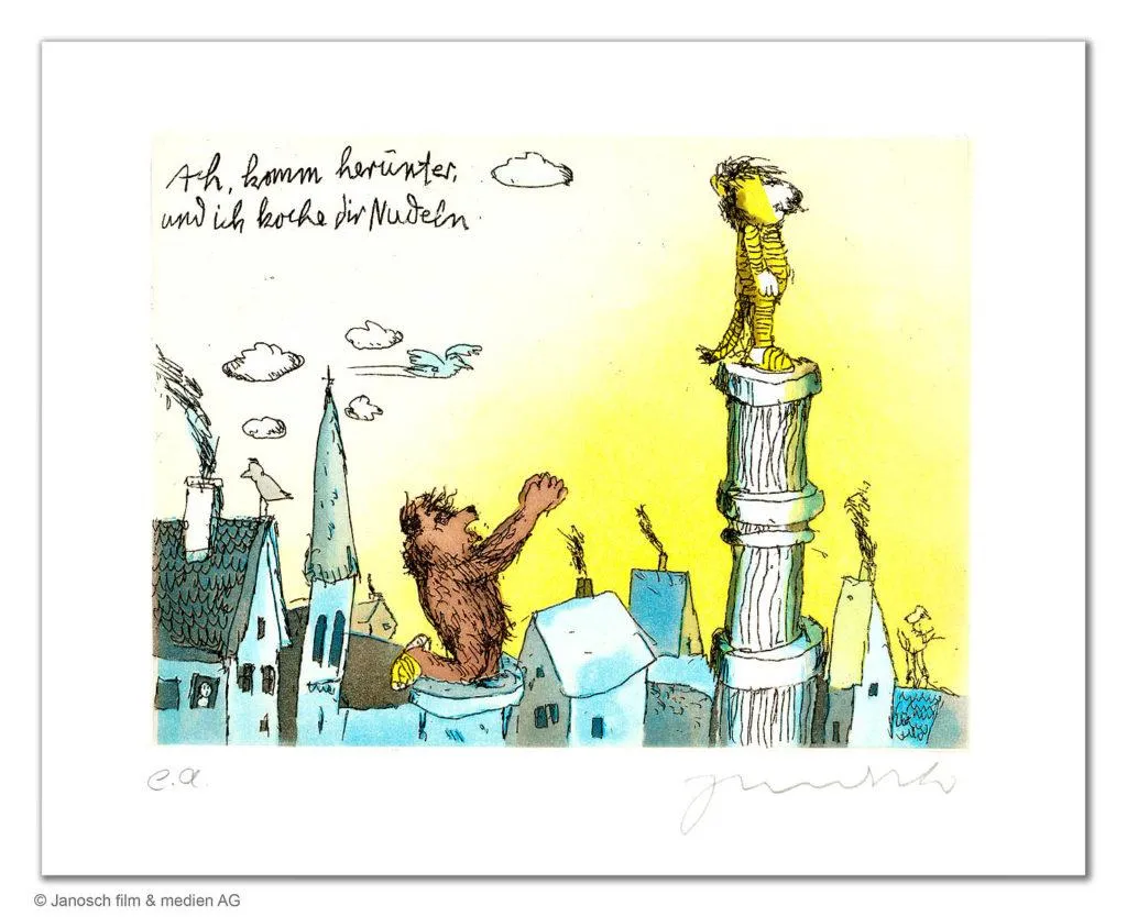 Janosch Ach komm herunter und ich koch dir Nudeln Farbradierung Auflage 199 Ex. mit Passepartout 40 x 50 cm
