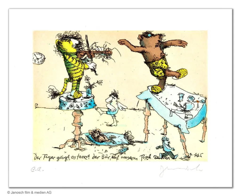 Janosch Der Tiger geigt, es tanzt der Bär ... Farbradierung Auflage 199 Ex. mit Passepartout 40 x 50 cm