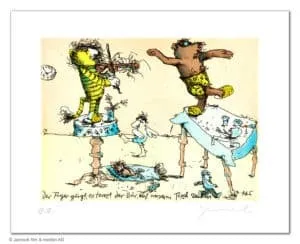 Janosch Der Tiger geigt, es tanzt der Bär ... Farbradierung Auflage 199 Ex. mit Passepartout 40 x 50 cm