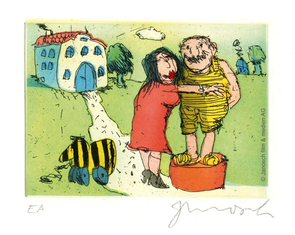 Janosch Ich liebe sprach Frau Luise zu mir Farbradierung Auflage 199 Ex. mit Passepartout 30 x 40 cm