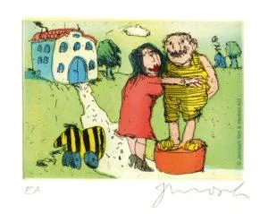 Janosch Ich liebe sprach Frau Luise zu mir Farbradierung Auflage 199 Ex. mit Passepartout 30 x 40 cm