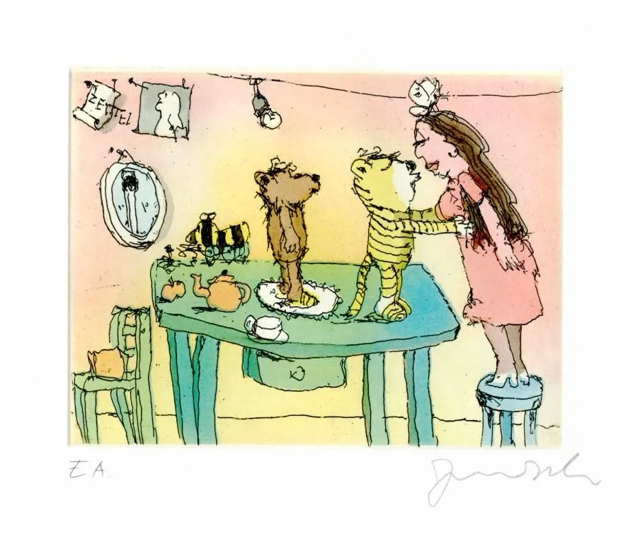 Janosch Und dann küsste mich der Tiger Farbradierung Auflage 199 Ex. mit Passepartout 40 x 50 cm