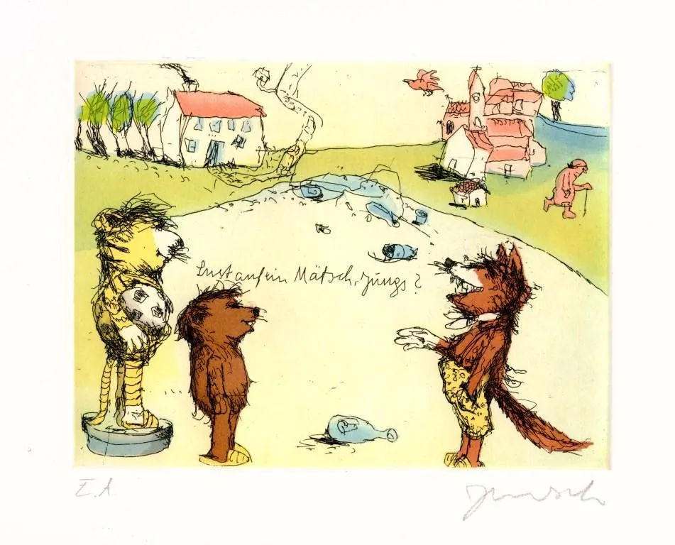 Janosch Hallo Herr Fuchs, wie geht's denn so? Farbradierung Auflage 199 Ex. mit Passepartout 40 x 50 cm