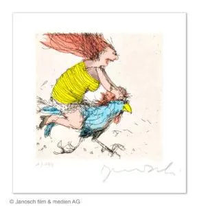 Janosch Der Hahn ist mein Mann .... Farbradierung Auflage 199 Ex. mit Passepartout 35 x 35 cm