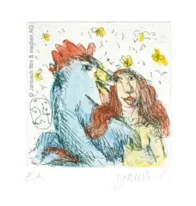 Janosch Sie liebte einen Gockelhahn Farbradierung Auflage 199 Ex. mit Passepartout 35 x 35 cm
