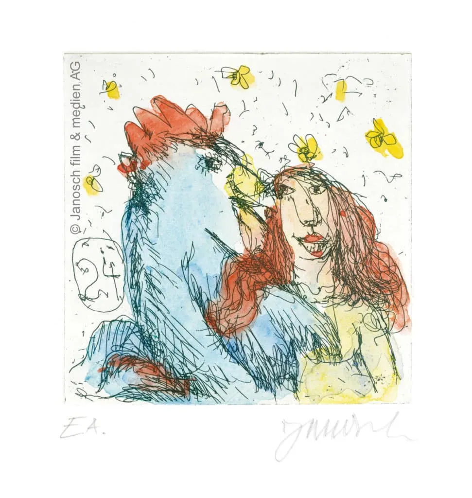 Janosch Sie liebte einen Gockelhahn Farbradierung Auflage 199 Ex. mit Passepartout 35 x 35 cm