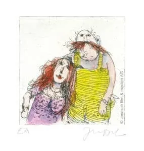 Janosch Ich + Marie im Herbst 98 Farbradierung Auflage 199 Ex. mit Passepartout 35 x 35 cm