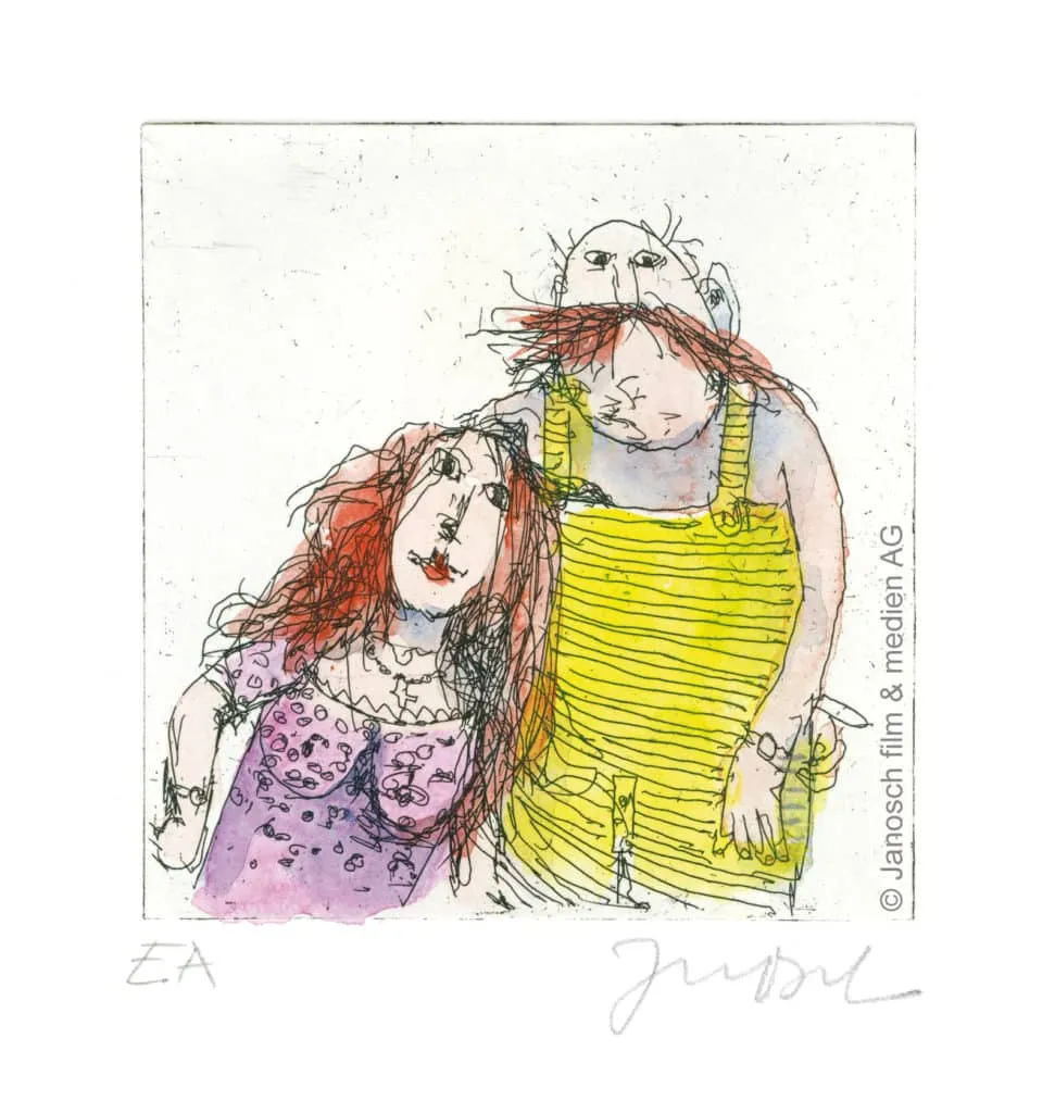 Janosch Ich + Marie im Herbst 98 Farbradierung Auflage 199 Ex. mit Passepartout 35 x 35 cm
