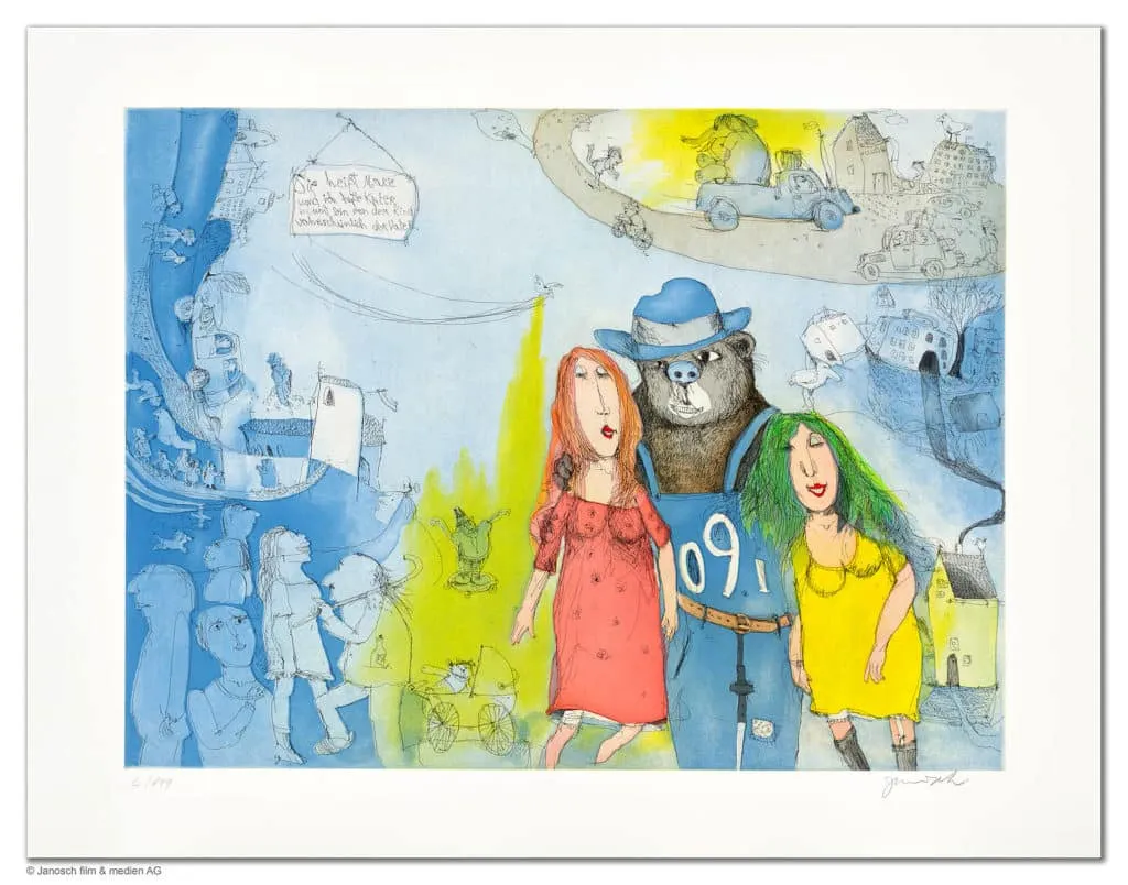 Janosch Sie heißt Marie und ich heiße Kater Farbradierung Auflage 199 Ex. mit Passepartout 85 x 105 cm