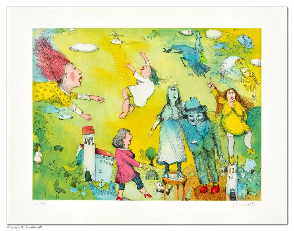 Janosch Ich hab' rote Schuhe an ... Farbradierung Auflage 199 Ex. mit Passepartout 85 x 105 cm