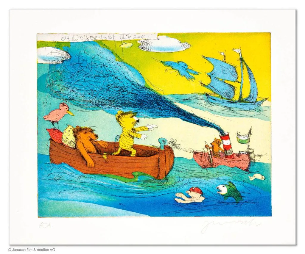 Janosch Oh weh, es tobt die See Farbradierung Auflage 199 Ex. mit Passepartout 50 x 60 cm