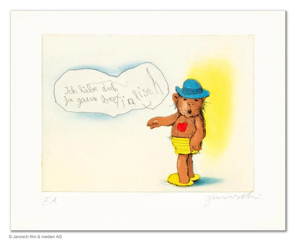 Janosch Ich liebe dich ja ganz bestialisch Farbradierung Auflage 199 Ex. mit Passepartout 40 x 50 cm