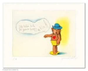 Janosch Ich liebe dich ja ganz bestialisch Farbradierung Auflage 199 Ex. mit Passepartout 40 x 50 cm